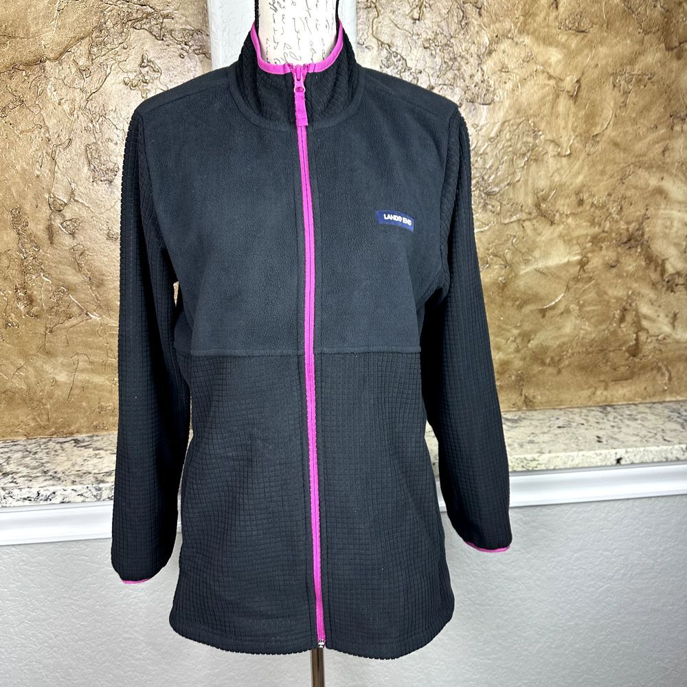 Lands' End Full Zip Grid Jacket Women's Large Black Mock Neck Fleece Lightweight